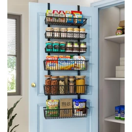 Mefirt Over The Door Pantry Organizer, Pantry Organization and Storage, 6-Tier Deep Baskets Hanging Heavy-Duty Metal, Wall Spice Rack Seasoning Shelves for Home & Kitchen, Laundry Room Bathroom, Black
