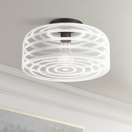 Possini Euro Design Cooper 12 3/4" Mid Century Modern Semi Flush-Mount Ceiling Light Fixture Kitchen Foyer Hallway Drum Round Black Finish Ribbed Glass Bedroom Bathroom Entryway Living Room Indoor