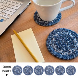 Homespice Denim Premium Jute Braided Coaster 4" (Set of 6) Round Blue, Navy, White Reversible, Natural Jute Yarn Rustic, Country, Primitive, Farmhouse Style - 30 Day Risk Free Purchase