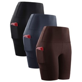 NELEUS Women's 3 Pack Biker Shorts High Waist Running Yoga Shorts with Pockets,3 Pack,Black/Grey/Coffee,US L,EU XL