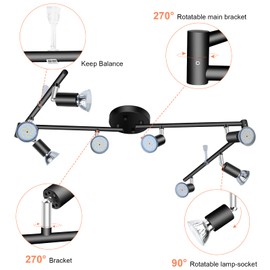 Hudyogy Black Track Lighting Fixture Ceiling, LED Flexible Track Lights with Swing Arm, 8-Light Directional Black Flush Mount Ceiling Spotlight for Kitchen, Living Room (GU10 Bulbs NOT Included)