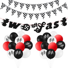 BeYumi Two Fast Birthday Decorations, 28Pcs Race Car Theme Party Supplies - Checkered Pennants Banner and Chequered Flags Balloons, Perfect for Kids’ 2nd Second Birthday Party, Let’s Go Racing Party