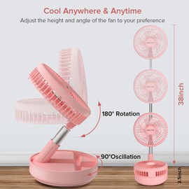 Belife X8 Portable Fan, 7200mAh Battery Powered Rechargeable, Oscillating USB Desk Floor Fan with Remote, Foldable Telescopic Fan for Home Bedroom Sleeping Office Camping Travel, 7.7" (Pink)