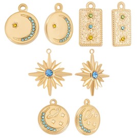 Beebeecraft 1 Box 8 Pieces 5 Style Star Moon Charms 18K Gold-Plated Stainless Steel Flat Round Rectangular Rhinestone Pendant Charm for Earrings Necklace Bracelet Jewellery Making