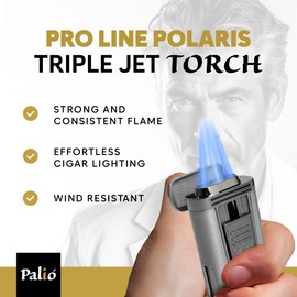 PALIO® PRO Line, Polaris Triple Jet Torch Ligther. Pull Down Ignition, Metalic Body, Large Easy View Fuel Window (Silver)