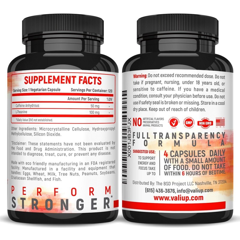 VALI Caffeine & L-Theanine Smooth Focused Energy Supplement, 120 Veg