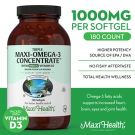 Maxi Health Triple Omega-3 Concentrate - Fish Oil - "1000 IU" Vitamin D3 (190 Capsules)