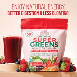 COUNTRY FARMS COUNTRY FARMS Super Greens Berry Flavor, 50 Organic Super Foods, USDA Organic Drink Mix (Wheat Grass, Spirulina, Chlorella) Mushrooms & Probiotics, with Fiber, Gut Health, Natural Energy, 30 Servings