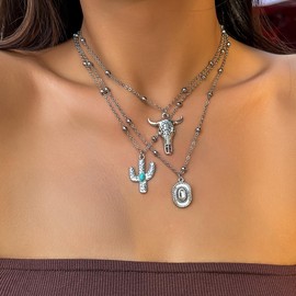 SONZERA Western Turquoise Necklaces for Women Layered Cowgirl Western Necklaces Vintage Rodeo Country Concert Cow Tag Cactus Pendant Necklace Turquoise Jewelry Outfits Accessories Style4