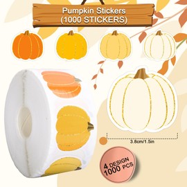 Whaline 1000 Pcs Fall Pumpkin Stickers Roll Orange Yellow Colored Pumpkin Self-Adhesive Sticker Decals for Autumn Thanksgiving Party Scrapbook Envelope Decor Supplies