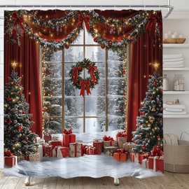 ABONAN Christmas Window Shower Curtain Winter Wreath, 72 x 72 Inch