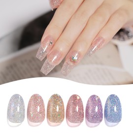 emigoro Gel Nails, Glitter, Flash Nail Gel, Glitter, Color Gel, Self Nail, Glitter Gel, Galaxy Nail, Set of 6 Colors, UV/LED Compatible