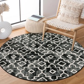 Wonnitar Moroccan Round Rug 3ft Washable Black Small Circle Bathroom Rug Modern Geometric Bedroom Round Area Mat Non-Slip Accent Floor Carpet for Entryway Kitchen Laundry (Black,3ft Round)