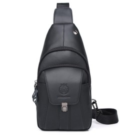 Hebetag Leather Sling Bag Hiking Daypack for Men Women Outdoor Travel Camping Fishing Crossbody Shoulder Chest Pack Backpack (Black)