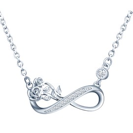 INFINIONLY Women's girl's Necklace, 925 silver necklace, infinity symbol necklace pendant, infinity symbol pendant decorative with rose flower, Inlaid Zircon, silver