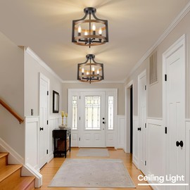 HOXIYA Farmhouse Chandelier, Convertible Semi Flush Mount Ceiling Light, 4 Light Modern Hanging Pendant Lighting, Black and Faux Wood Pendant Light Fixture for Dining Room Kitchen Hallway Bedroom