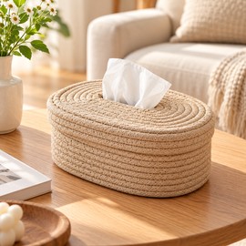 Woven Tissue Box Cover for Home Decor – Oval Textured Tissue Holder with Easy-Access Opening for Bathroom, Bedroom & Living Room