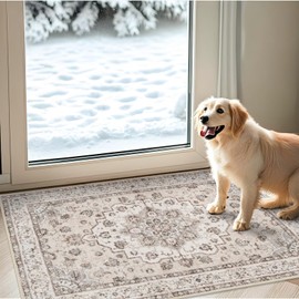 Washable 2x3 Entryway Area Rug: Vintage Non-Slip Backing Rugs for Kitchen Bathroom Water Resistant Carpet for Bedroom Soft Low Pile Front Door Mat for Dining Room 2x3 Cream/Beige