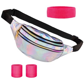 80s, 90s Colourful Women's Bum Bag with Metallic Look, Belt Bag, Shoulder Bag Including Neon Rainbow Bracelets and Headband, Neon Hair Scrunchie for 80s and 90s Fancy Dress Costumes, Silvery
