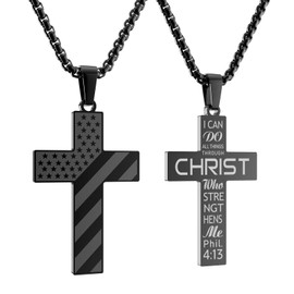 HOFOYA American flag black cross chain necklace with bible verse from phil 4:13 cross jewelry gift,christmas birthday baptist gifts for men teen boys,24 inch chains.
