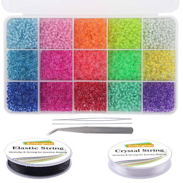 EuTengHao 9000pcs Glass Seed Beads Small Craft Beads Small Beads Kit for DIY Bracelet Necklaces Crafting Jewelry Making Supplies with Two 0.6mm Crystal String (3mm, 600 Per Color, 15 Colors)