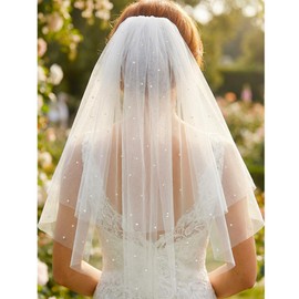 HEREAD Pearl Bride Wedding Veil Short Elbow Length 2 Tier Bridal Tulle Veils with Comb for Women (White)