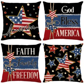 4th of July Pillow Covers 18x18 Set of 4 Patriotic Throw Pillow Covers American Decorative Independence Memorial Day Party Decor for Sofa Couch Living Room Classroom (4, Black, 18x18)