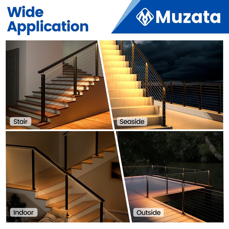 Muzata 6'6" Aluminum Black LED Handrail Rectangular Cable Railing Handrail