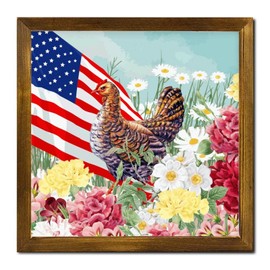 SILYHEART Farm Rooster Daisy Flower Wood Framed Signs American Flag Spring Wood Wall Art Retro Farm Life Woodshop Garage Wall Decorative for Home Front Door Porch Garden Yard 7x7 Inch