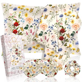 Miss Adola Mulberry 1Pack Silk Pillow Case for Hair and Skin 19 Momme Standard 75 x 50cm Silk Pillowcase with Eye Mask & Scrunchie Soft Silk Pillowcase Sleeping Gift for Women, Vintage Flower