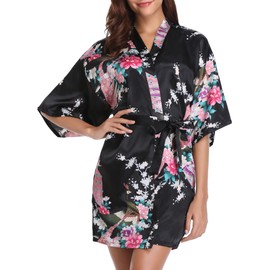 Vlazom Women Kimono Robes Satin Dressing Gown Peacock and Blossoms Sleep Lounge Nightwear Short Silk Bride Bridesmaid Robe, Black, L(UK 12-14)