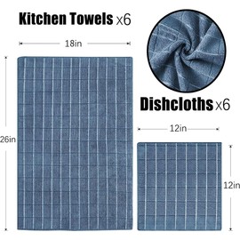 Puomue Microfiber Kitchen Towels and Dishcloths Set, 26 X 18 Inch and 12 X 12 Inch, Set of 12 Bulk Lint Free Dish Towels for Drying Dishes, Blue