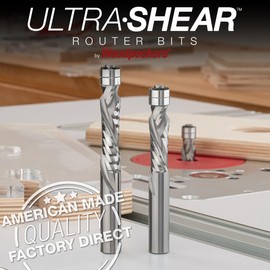 Ultra-Shear Solid Carbide Flush Trim Router Bits, 1/2" CD, 1/2" SH, 2" CL, 2FL, Compression, USA Made Spiral Bit, Twin Bearing for Template & Pattern