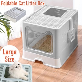 Japard Foldable Cat Litter Box with Lid, Enclosed Cat Potty, Top Entry Anti-Splashing Cat Toilet, Easy to Clean Including Cat Litter Scoop (Gray)