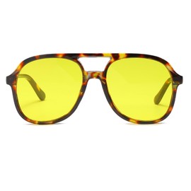 Long Keeper Retro Aviator Sunglasses Aviator Glasses Men Women Classic 70s Vintage Sunglasses Pilot Night Driving Glasses Unisex with UV400 Protection, Leopard Frame / Yellow Lens