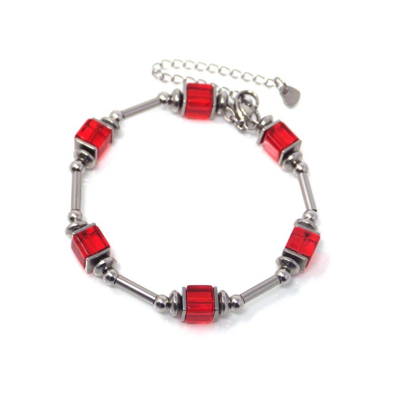 Damenarmband aus Edelstahl mit roten Glasperlen