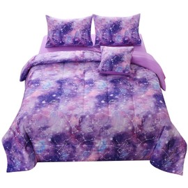 JQinHome Queen Gradient Galaxy Comforter Set for Girls,6 Piece Bed in A Bag 3D Colorful Tie Dye Constellation Print Ombre Bedding Set with Pillowcase, Flat & Fitted Sheet,Cushion Cover (Purple)