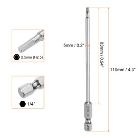 QUARKZMAN Hexagon Hex Screwdriver Bit Set 2.5 mm (H2.5) Metric 1/4 Inch Magnetic 110 mm (4.3 Inch) S2 Steel Screwdriver Bits Key Hex Pack of 5