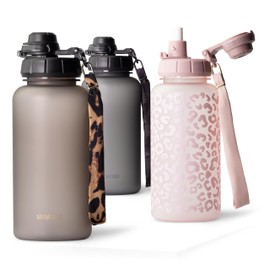 MAMEIDO Drinking Bottle 1 Litre with Straw & Time Marking as Drinking Reminder, Leak-Proof Water Bottle, Sports Bottle, BPA-Free, Gym Water Bottle, Tritan Bottle (Urban Taupe, 1000 ml)