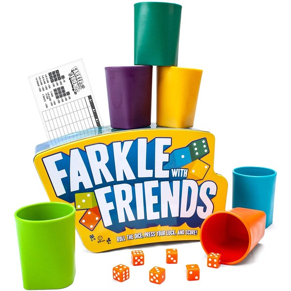 Brybelly Farkle with Friends - The Classic 6-Player Dice Game in a Premium Storage Tin - Colored Dice with Matching Cups - Gaming & Family Party Fun for Kids, Teens, Adults, & Seniors
