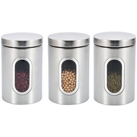 Royal Cuisine Stainless Steel Round Canister Set Of 3 Clear Window and Multi Food Storage Jars (Silver)
