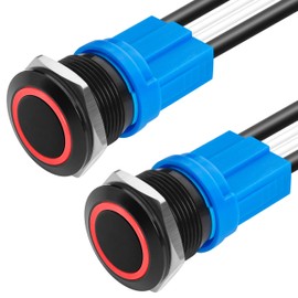 KWONONG LED Latching Push Button Switch, Aluminum Alloy, IP67 Waterproof 5-24V 20A 1NO, with Wire Socket Plug (2, Red, 19mm)