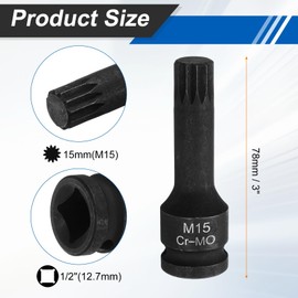 HARFINGTON 5pcs 1/2" Drive M15 Triple Square Impact Spline Bit Socket 15mm CR-MO Steel 12-Point Triple Square Sockets with Cotter Pin and O-ring for Power Drill Drivers Adapter