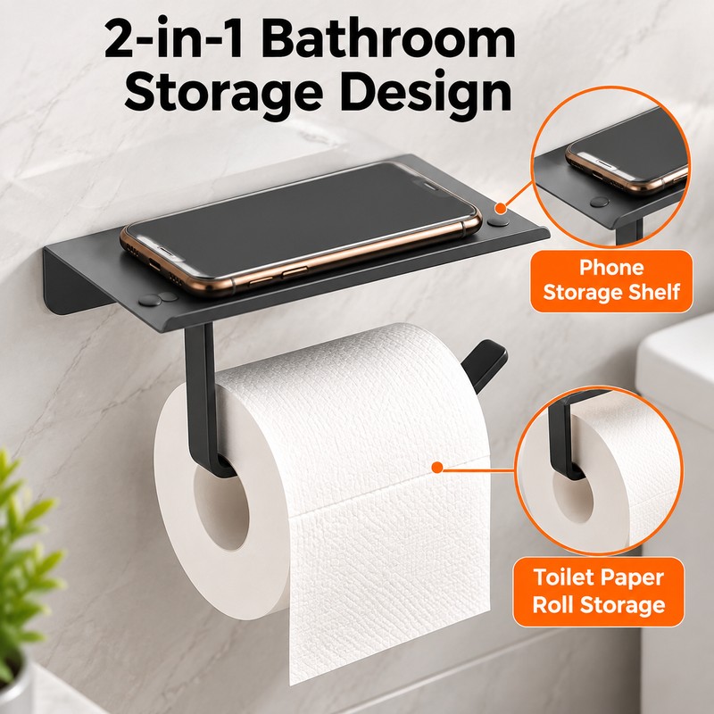 Stainless Steel Toilet Paper Holder with Phone Shelf – Wall