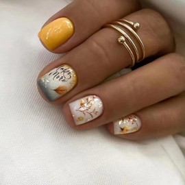 24Pcs Fall Fake Nails Short Press on Nails Yellow Maple Leaves Full Cover Glue on Nails Autumn Maple Leaf Acrylic Nails Designs Coffin False Nails for Women Girl Thanksgiving Manicure Art Decoration