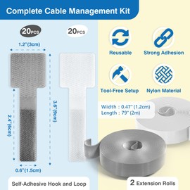 Cable Management Kit with 40 Self-Adhesive Hook and Loop Ties & 2 Extension Straps – 3M Sticky Cord Organizer for Under Desk, Home Office, Wall – Reusable Adjustable Nylon Wire Holders (White, Gray)