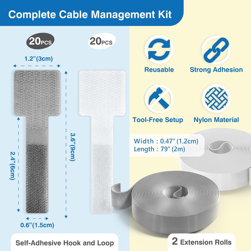 Cable Management Kit with 40 Self-Adhesive Hook and Loop Ties