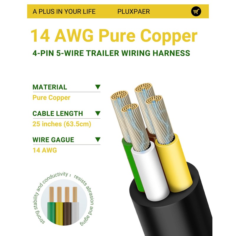 PLUXPAER 4 Pin 5 Wire Trailer Wiring Harness 14AWG Pure