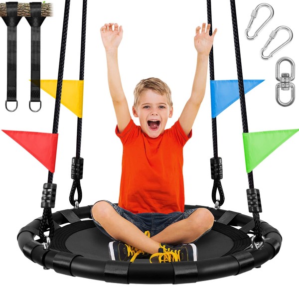 Odoland 24 inch Kids Tree Swing, Outdoor Small Saucer Swing - 900D Waterproof Oxford Swing, Backyard Round Flying Swing wirh Adjustable Hanging Ropes Hanging Straps and Turnbuckle