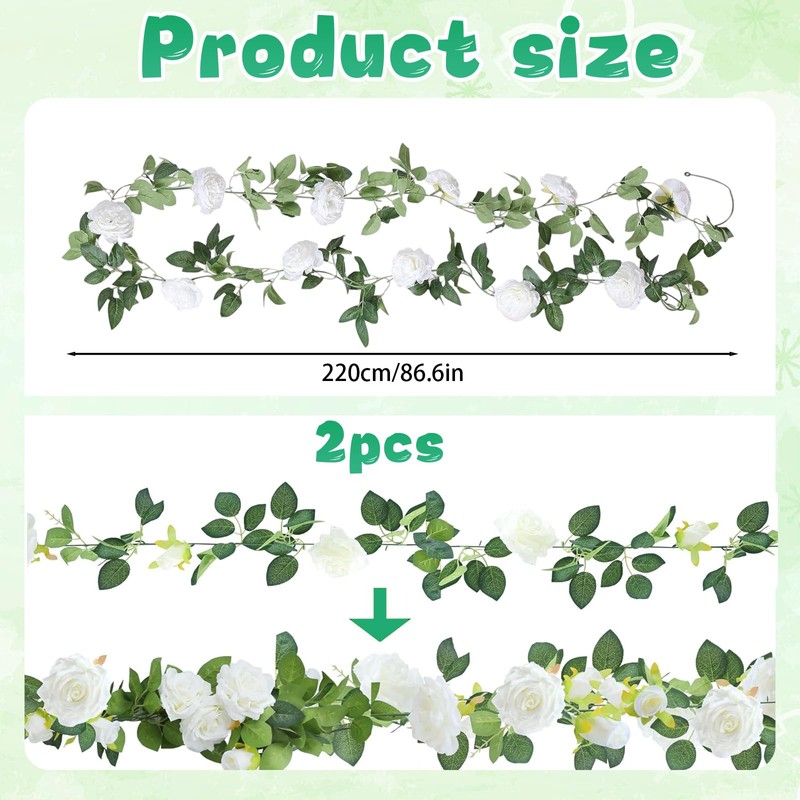 Flower Garland Decoration, 2 Pack White Artificial Flowers Garlands, 220cm